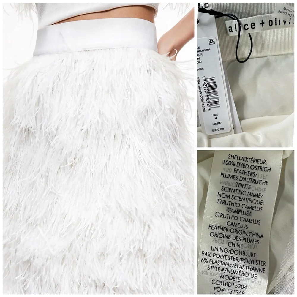 Alice + Olivia Cina Off White Ecru Ostrich Feather Mini Skirt
